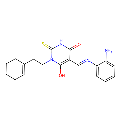 (5E)-5-[(2-aminoanilino)methylidene]-1-[2-(cyclohexen-1-yl)ethyl]-2-sulfanylidene-1,3-diazinane-4,6-dione structure