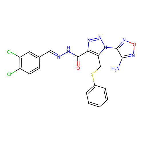 (E)-1-(4-amino-1,2,5-oxadiazol-3-yl)-N'-(3,4-dichlorobenzylidene)-5-((phenylthio)methyl)-1H-1,2,3-triazole-4-carbohydrazide structure