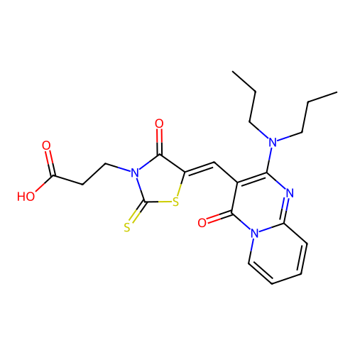 3-[(5Z)-5-{[2-(dipropylamino)-4-oxo-4H-pyrido[1,2-a]pyrimidin-3-yl]methylidene}-4-oxo-2-thioxo-1,3-thiazolidin-3-yl]propanoic acid structure