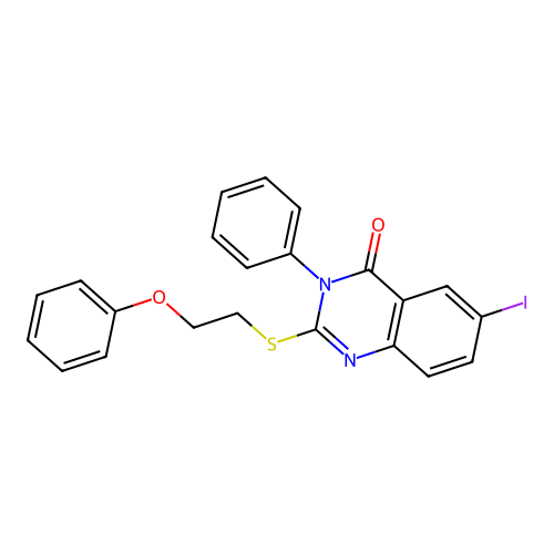 6-iodo-2-[(2-phenoxyethyl)sulfanyl]-3-phenylquinazolin-4(3H)-one structure