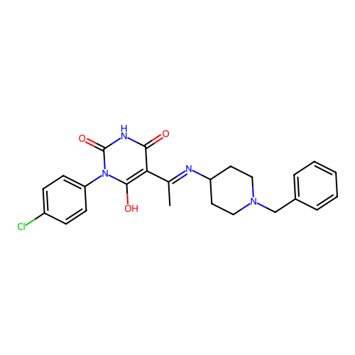 (5E)-5-[1-[(1-benzylpiperidin-4-yl)amino]ethylidene]-1-(4-chlorophenyl)-1,3-diazinane-2,4,6-trione structure