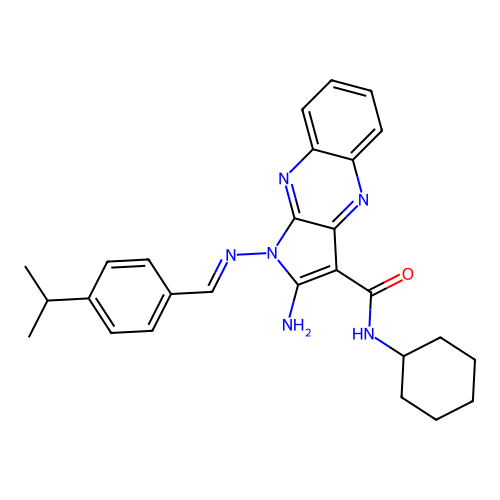 (E)-2-amino-N-cyclohexyl-1-((4-isopropylbenzylidene)amino)-1H-pyrrolo[2,3-b]quinoxaline-3-carboxamide structure