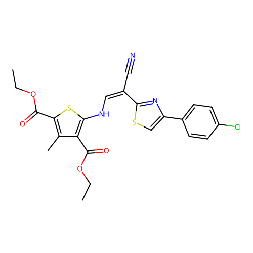 (Z)-diethyl 5-((2-(4-(4-chlorophenyl)thiazol-2-yl)-2-cyanovinyl)amino)-3-methylthiophene-2,4-dicarboxylate structure