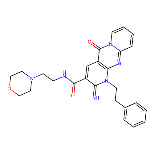 2-imino-5-keto-N-(2-morpholinoethyl)-1-phenethyl-dipyrido[1,2-d:3'',4''-f]pyrimidine-3-carboxamide structure