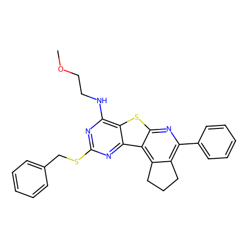 9-(benzylsulfanyl)-N-(2-methoxyethyl)-4-phenyl-2,3-dihydro-1H-cyclopenta[4',5']pyrido[3',2':4,5]thieno[3,2-d]pyrimidin-7-amine structure