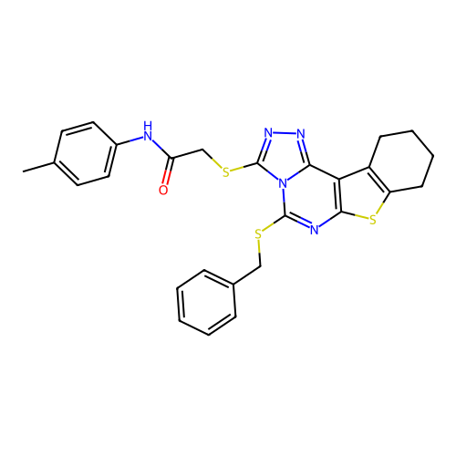 2-((5-(benzylthio)-8,9,10,11-tetrahydrobenzo[4,5]thieno[3,2-e][1,2,4]triazolo[4,3-c]pyrimidin-3-yl)thio)-N-(p-tolyl)acetamide structure