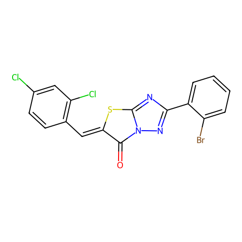 (5Z)-2-(2-bromophenyl)-5-(2,4-dichlorobenzylidene)[1,3]thiazolo[3,2-b][1,2,4]triazol-6(5H)-one structure