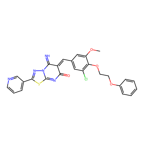 (6Z)-6-[[3-chloro-5-methoxy-4-(2-phenoxyethoxy)phenyl]methylidene]-5-imino-2-pyridin-3-yl-[1,3,4]thiadiazolo[3,2-a]pyrimidin-7-one structure