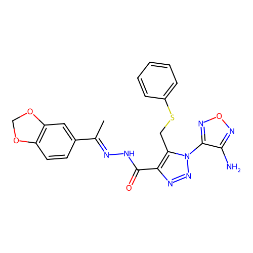(E)-1-(4-amino-1,2,5-oxadiazol-3-yl)-N'-(1-(benzo[d][1,3]dioxol-5-yl)ethylidene)-5-((phenylthio)methyl)-1H-1,2,3-triazole-4-carbohydrazide structure