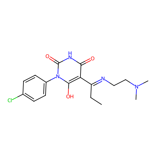 1-(4-chlorophenyl)-5-[1-(2-dimethylaminoethylamino)propylidene]-1,3-diazinane-2,4,6-trione structure