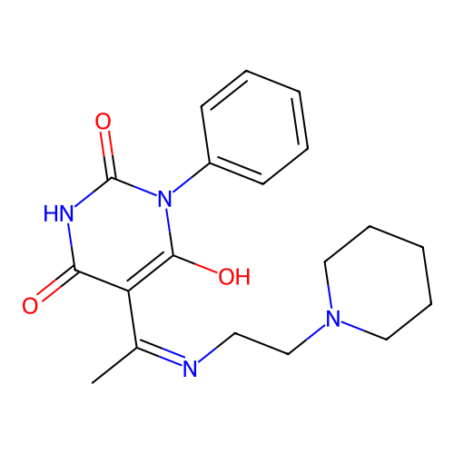 (E)-1-phenyl-5-(1-((2-(piperidin-1-yl)ethyl)amino)ethylidene)pyrimidine-2,4,6(1H,3H,5H)-trione structure