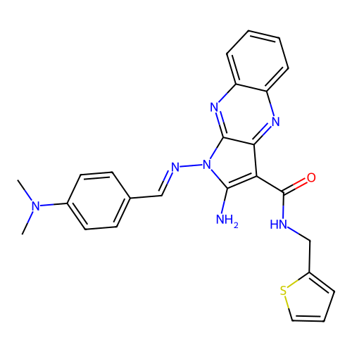 (E)-2-amino-1-((4-(dimethylamino)benzylidene)amino)-N-(thiophen-2-ylmethyl)-1H-pyrrolo[2,3-b]quinoxaline-3-carboxamide structure