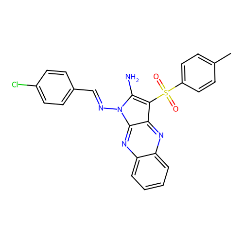 (E)-N1-(4-chlorobenzylidene)-3-tosyl-1H-pyrrolo[2,3-b]quinoxaline-1,2-diamine structure