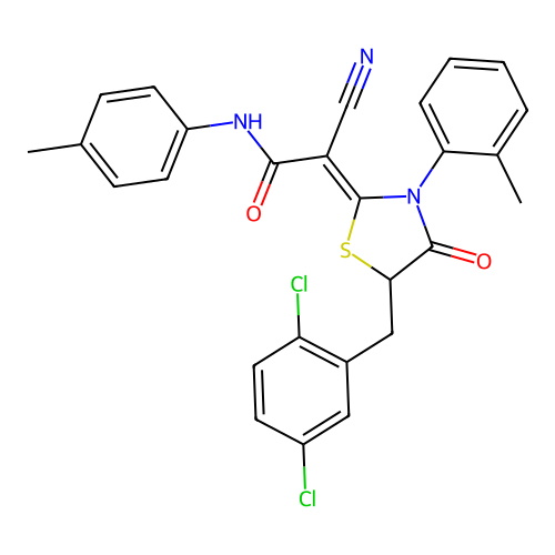 (2Z)-2-cyano-2-[5-(2,5-dichlorobenzyl)-3-(2-methylphenyl)-4-oxo-1,3-thiazolidin-2-ylidene]-N-(4-methylphenyl)ethanamide structure