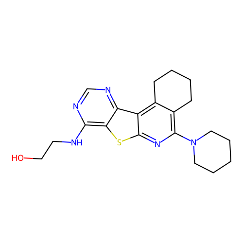 2-((5-(piperidin-1-yl)-1,2,3,4-tetrahydropyrimido[4',5':4,5]thieno[2,3-c]isoquinolin-8-yl)amino)ethanol structure