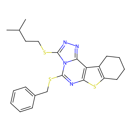 5-(benzylsulfanyl)-3-[(3-methylbutyl)sulfanyl]-8,9,10,11-tetrahydro[1]benzothieno[3,2-e][1,2,4]triazolo[4,3-c]pyrimidine structure