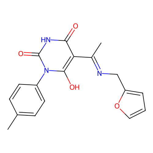 5-[1-(2-furylmethylamino)ethylidene]-1-(4-methylphenyl)-1,3-diazinane-2,4,6-trione structure