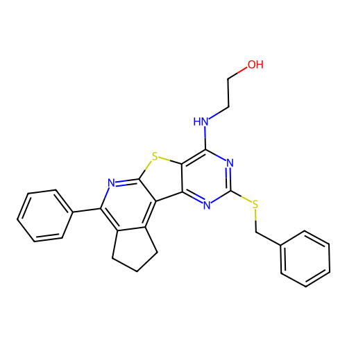 2-((9-(benzylthio)-4-phenyl-2,3-dihydro-1H-cyclopenta[4',5']pyrido[3',2':4,5]thieno[3,2-d]pyrimidin-7-yl)amino)ethanol structure