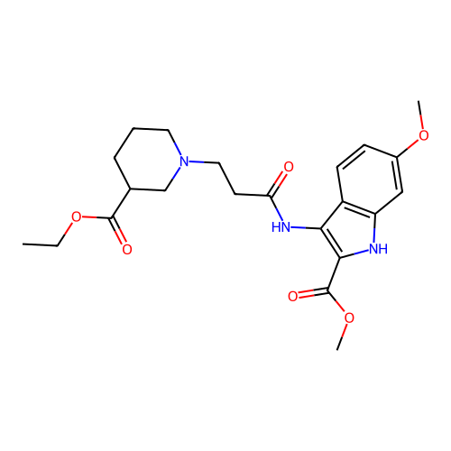 methyl 3-({3-[3-(ethoxycarbonyl)piperidin-1-yl]propanoyl}amino)-6-methoxy-1H-indole-2-carboxylate structure