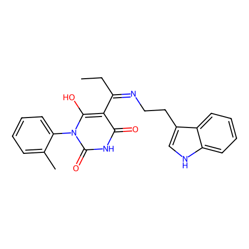 5-[1-[2-(1H-indol-3-yl)ethylamino]propylidene]-1-(2-methylphenyl)-1,3-diazinane-2,4,6-trione structure
