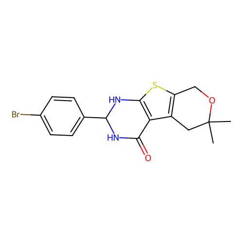 2-(4-bromophenyl)-6,6-dimethyl-1,2,3,5,6,8-hexahydro-4H-pyrano[4',3':4,5]thieno[2,3-d]pyrimidin-4-one structure