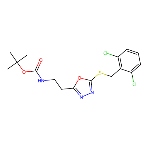 tert-butyl (2-(5-((2,6-dichlorobenzyl)thio)-1,3,4-oxadiazol-2-yl)ethyl)carbamate structure