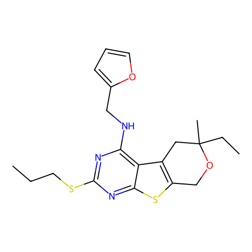 (6-Ethyl-6-methyl-2-propylsulfanyl-5,8-dihydro-6H-pyrano[4',3':4,5]thieno[2,3-d]pyrimidin-4-yl)-furan-2-yl methyl-amine structure