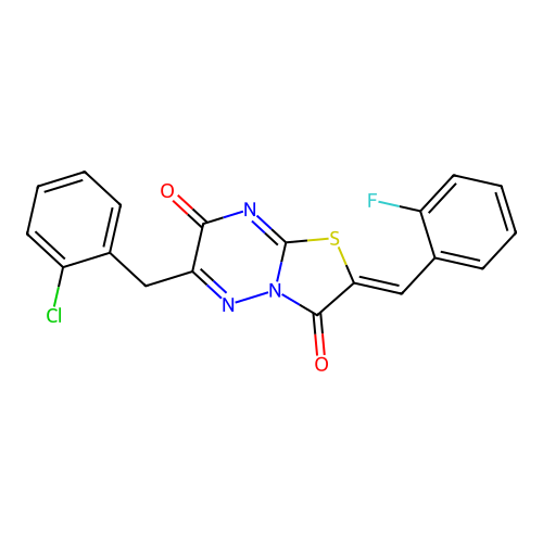 (2Z)-6-(2-chlorobenzyl)-2-(2-fluorobenzylidene)-7H-[1,3]thiazolo[3,2-b][1,2,4]triazine-3,7(2H)-dione structure