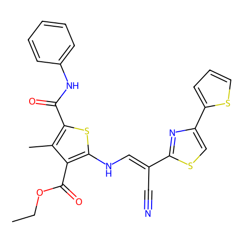 (E)-ethyl 2-((2-cyano-2-(4-(thiophen-2-yl)thiazol-2-yl)vinyl)amino)-4-methyl-5-(phenylcarbamoyl)thiophene-3-carboxylate structure