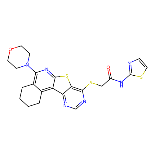 2-((5-morpholino-1,2,3,4-tetrahydropyrimido[4',5':4,5]thieno[2,3-c]isoquinolin-8-yl)thio)-N-(thiazol-2-yl)acetamide structure