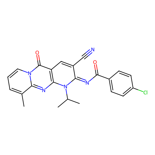 (E)-4-chloro-N-(3-cyano-1-isopropyl-10-methyl-5-oxo-1H-dipyrido[1,2-a:2',3'-d]pyrimidin-2(5H)-ylidene)benzamide structure