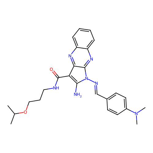 (E)-2-amino-1-((4-(dimethylamino)benzylidene)amino)-N-(3-isopropoxypropyl)-1H-pyrrolo[2,3-b]quinoxaline-3-carboxamide structure