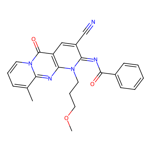 N-[3-Cyano-1-(3-methoxy-propyl)-8-methyl-10-oxo-1,10-dihydro-1,9,10a-triaza-anthracen-(2Z)-ylidene]- benzamide structure