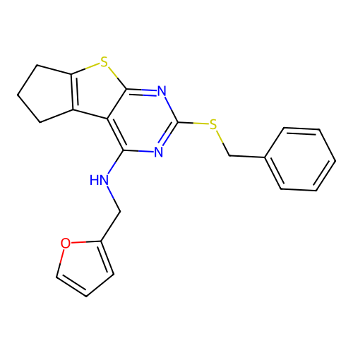 2-(benzylsulfanyl)-N-(furan-2-ylmethyl)-6,7-dihydro-5H-cyclopenta[4,5]thieno[2,3-d]pyrimidin-4-amine structure