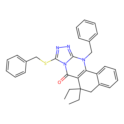 12-benzyl-9-(benzylsulfanyl)-6,6-diethyl-6,12-dihydrobenzo[h][1,2,4]triazolo[3,4-b]quinazolin-7(5H)-one structure
