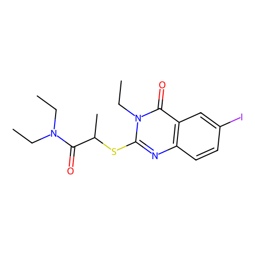 N,N-diethyl-2-(3-ethyl-6-iodo-4-oxo-quinazolin-2-yl)sulfanyl-propanamide structure