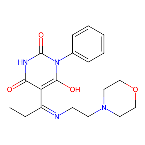 (E)-5-(1-((2-morpholinoethyl)amino)propylidene)-1-phenylpyrimidine-2,4,6(1H,3H,5H)-trione structure