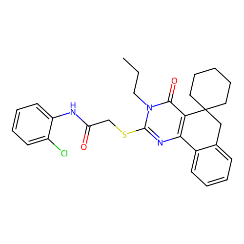 N-(2-chlorophenyl)-2-((4-oxo-3-propyl-4,6-dihydro-3H-spiro[benzo[h]quinazoline-5,1'-cyclohexan]-2-yl)thio)acetamide structure