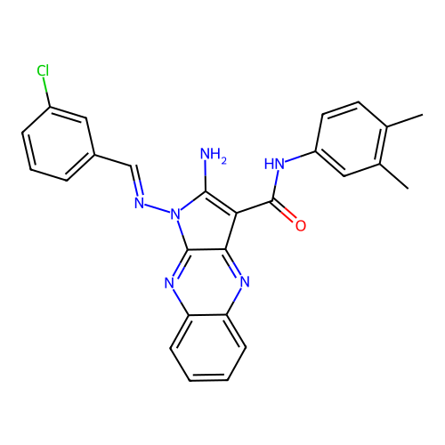 (E)-2-amino-1-((3-chlorobenzylidene)amino)-N-(3,4-dimethylphenyl)-1H-pyrrolo[2,3-b]quinoxaline-3-carboxamide structure