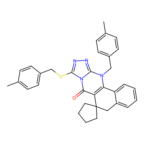 12-(4-methylbenzyl)-9-((4-methylbenzyl)thio)-5H-spiro[benzo[h][1,2,4]triazolo[3,4-b]quinazoline-6,1'-cyclopentan]-7(12H)-one structure