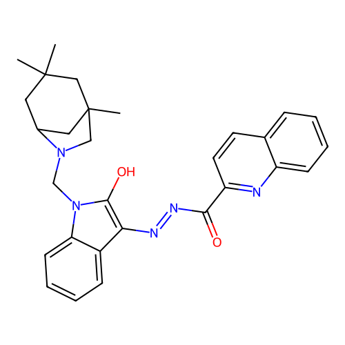 (Z)-N'-(2-oxo-1-((1,3,3-trimethyl-6-azabicyclo[3.2.1]octan-6-yl)methyl)indolin-3-ylidene)quinoline-2-carbohydrazide structure