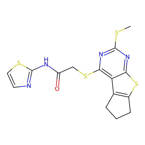 2-((2-(methylthio)-6,7-dihydro-5H-cyclopenta[4,5]thieno[2,3-d]pyrimidin-4-yl)thio)-N-(thiazol-2-yl)acetamide structure