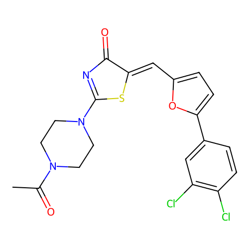 (5E)-2-(4-acetylpiperazin-1-yl)-5-{[5-(3,4-dichlorophenyl)furan-2-yl]methylidene}-4,5-dihydro-1,3-thiazol-4-one structure