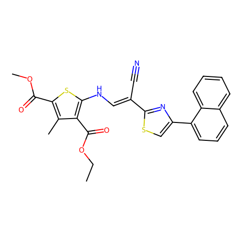 (E)-4-ethyl 2-methyl 5-((2-cyano-2-(4-(naphthalen-1-yl)thiazol-2-yl)vinyl)amino)-3-methylthiophene-2,4-dicarboxylate structure