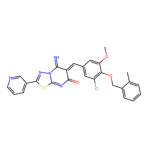 (6Z)-6-[[3-chloro-5-methoxy-4-[(2-methylphenyl)methoxy]phenyl]methylidene]-5-imino-2-pyridin-3-yl-[1,3,4]thiadiazolo[3,2-a]pyrimidin-7-one structure