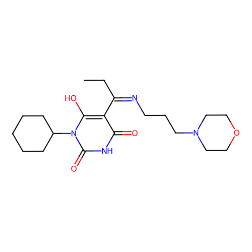 1-cyclohexyl-5-[1-(3-morpholin-4-ylpropylamino)propylidene]-1,3-diazinane-2,4,6-trione structure