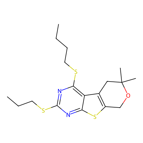 4-(butylsulfanyl)-6,6-dimethyl-2-(propylsulfanyl)-5,8-dihydro-6H-pyrano[4',3':4,5]thieno[2,3-d]pyrimidine structure