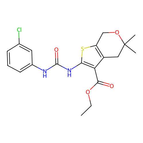 ethyl 2-(3-(3-chlorophenyl)ureido)-5,5-dimethyl-5,7-dihydro-4H-thieno[2,3-c]pyran-3-carboxylate structure