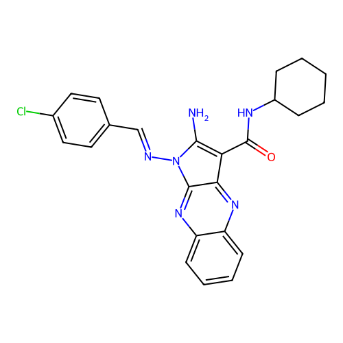(E)-2-amino-1-((4-chlorobenzylidene)amino)-N-cyclohexyl-1H-pyrrolo[2,3-b]quinoxaline-3-carboxamide structure