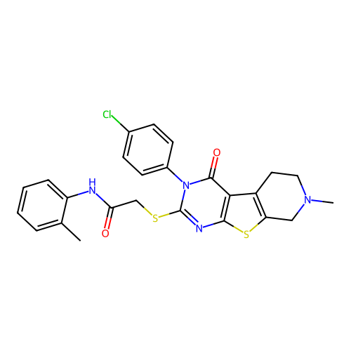 2-((3-(4-chlorophenyl)-7-methyl-4-oxo-3,4,5,6,7,8-hexahydropyrido[4',3':4,5]thieno[2,3-d]pyrimidin-2-yl)thio)-N-(o-tolyl)acetamide structure